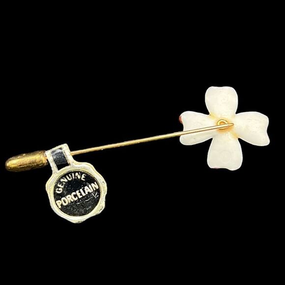 Vintage Jewelry Set Clip-on Earrings Straight Lapel Pin Porcelain Flowers - Picture 10 of 11